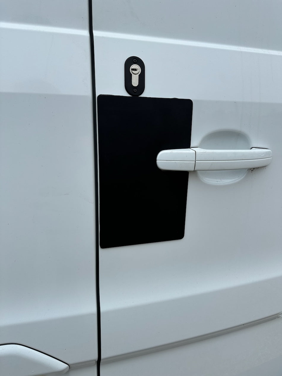 Black rear door latch shield for Transit Custom 2013