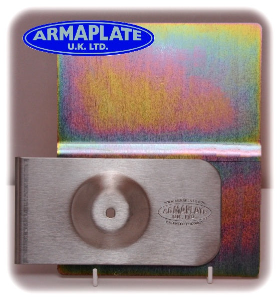 Armaplate stainless steel lock protector plate fitted around a Ford Transit door handle